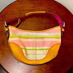 Coach 1884 Hampton Stripe Canvas Tan Leather Trim Small Hobo Shoulder Bag Purse